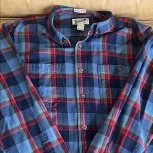 Duluth Trading Co Men's Navy and Red Checkered Shirt